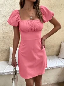 Chiquease Ruched Bust Tay áo phồng cổ vuông Váy hở lưng có dây buộc - Hồng - Xem 4