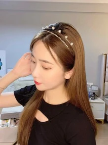 水鑽和人造珍珠裝飾髮箍 - 金色 - 查看 7