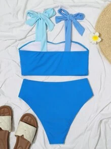 Bộ Bikini Đi Biển Mùa Hè Màu Cà Vạt Vai - Màu xanh lam - Xem 3