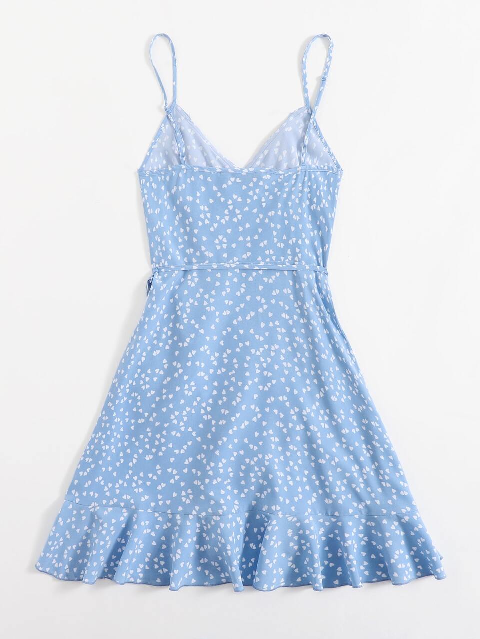 WYWH Vacation Allover Heart Print Ruffle Detail Wrap Cami Blue Women Dress,Summer Dresses,Summer For Women,Spring Clothes,Pastel
