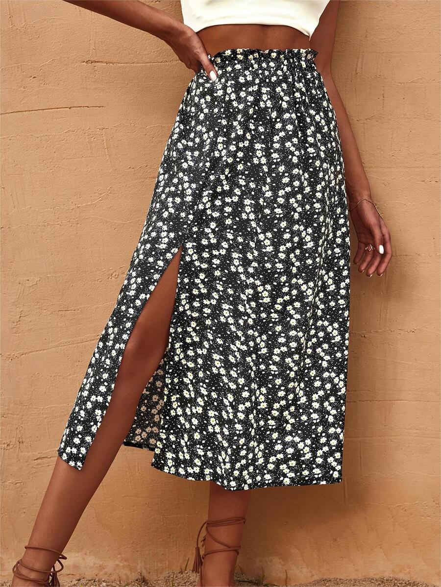 Breezaya Váy xẻ gấu hoa nhỏ xinh đi biển trang phục đi nghỉ cho nữ - màu đen - Xem 1