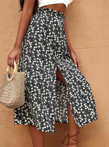 Breezaya Váy xẻ gấu hoa nhỏ xinh đi biển trang phục đi nghỉ cho nữ - màu đen - Xem 5