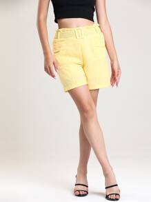 EURMUSE Paperbag Waist Belted Shorts - Yellow - View 1