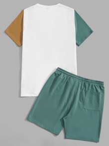 Manfinity VCAY 男士棉字母圖案撞色T恤和腰部抽繩短褲 - 棕色 - 查看 2