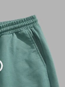 Manfinity VCAY 男士棉字母圖案撞色T恤和腰部抽繩短褲 - 棕色 - 查看 3