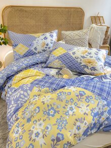 Plaid & Flower Print Duvet Cover Set Without Filler - Multicolor - View 6