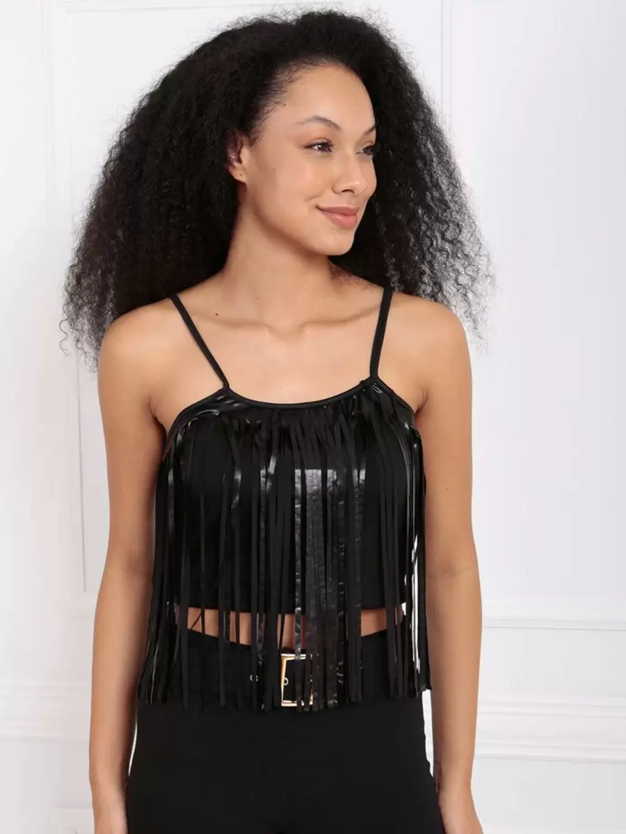 RueChic Fringe Trim Crop Cami Top - Black - View 1