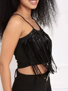 RueChic Fringe Trim Crop Cami Top - Black - View 3
