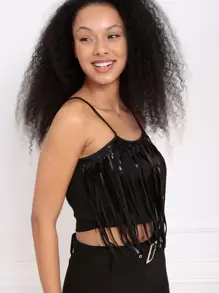 RueChic Fringe Trim Crop Cami Top - Black - View 4