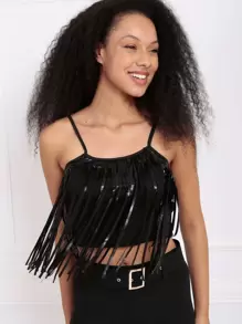 RueChic Fringe Trim Crop Cami Top - Black - View 5