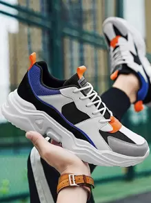 男士拼色字母裝飾運動鞋，圓頭系帶運動休閒鞋，適合校園穿著