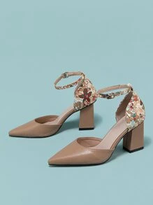 花卉圖案粗跟踝帶高跟鞋 - 卡其色 - 查看 2