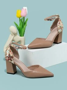 花卉圖案粗跟踝帶高跟鞋 - 卡其色 - 查看 4