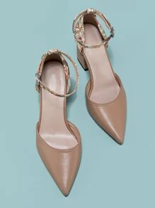 花卉圖案粗跟踝帶高跟鞋 - 卡其色 - 查看 5