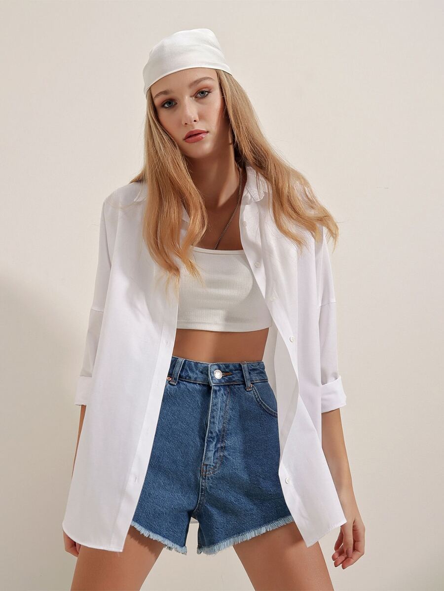 RueChic Solid Button Up Drop Shoulder Shirt - White - View 1