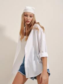 RueChic Solid Button Up Drop Shoulder Shirt - White - View 3