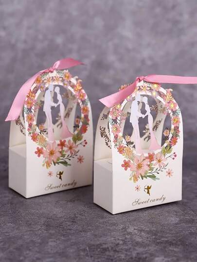 5件套花朵图案礼品盒，空心纸质糖果盒，适合婚礼派对、圣诞节和情人节
