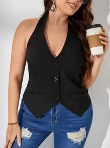 SHEIN Privé Plus Halter Neck Backless Vest Blazer - Black - View 1