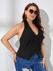 SHEIN Privé Plus Halter Neck Backless Vest Blazer - Black - View 3