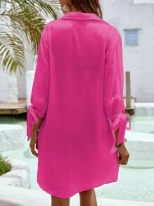 SHEIN Swim Tie Cuff Button Front Kimono,Summer Beach - Hot Pink - View 2