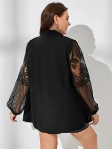 SHEIN Privé Áo vest Plus size Tương phản ren cắt Nút phía trước màu trơn Thanh lịch - màu đen - Xem 2