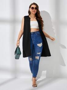 SHEIN Essnce Chaleco abierto de talla grande para otoño/invierno - Negro - Ver 3