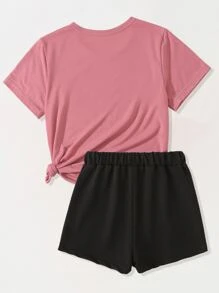 SHEIN Tween Girl Figure And Letter Graphic Tee With Shorts - Multicolor - View 2