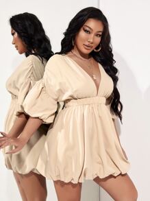 SHEIN SXY 深V領燈籠袖洋裝 - 杏色 - 查看 2