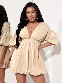 SHEIN SXY 深V領燈籠袖洋裝 - 杏色 - 查看 5