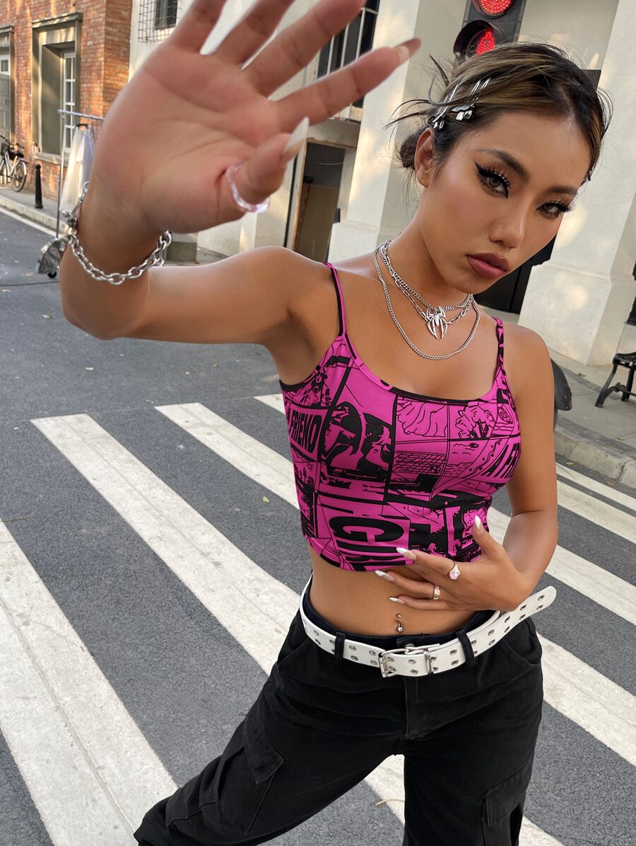 SHEIN ICON 90年代多巴胺穿衣法字母和卡通圖案吊帶上衣