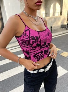 SHEIN ICON 90年代多巴胺穿衣法字母和卡通圖案吊帶上衣