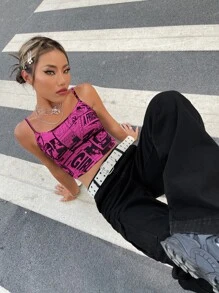 SHEIN ICON 90年代多巴胺穿衣法字母和卡通圖案吊帶上衣