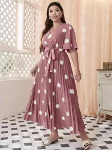 Mulvari Vestido con cinturón con estampado de lunares de manga mariposa fruncido - Rosa vieja - Ver 4