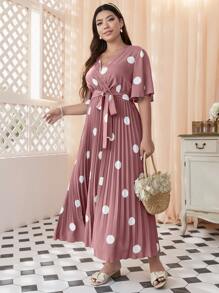 Mulvari Vestido con cinturón con estampado de lunares de manga mariposa fruncido - Rosa vieja - Ver 5