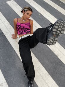 SHEIN ICON 90年代多巴胺穿衣法字母和卡通圖案吊帶上衣