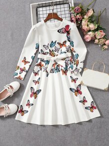 SHEIN Girls Butterfly Print Belted Dress - White - View 1