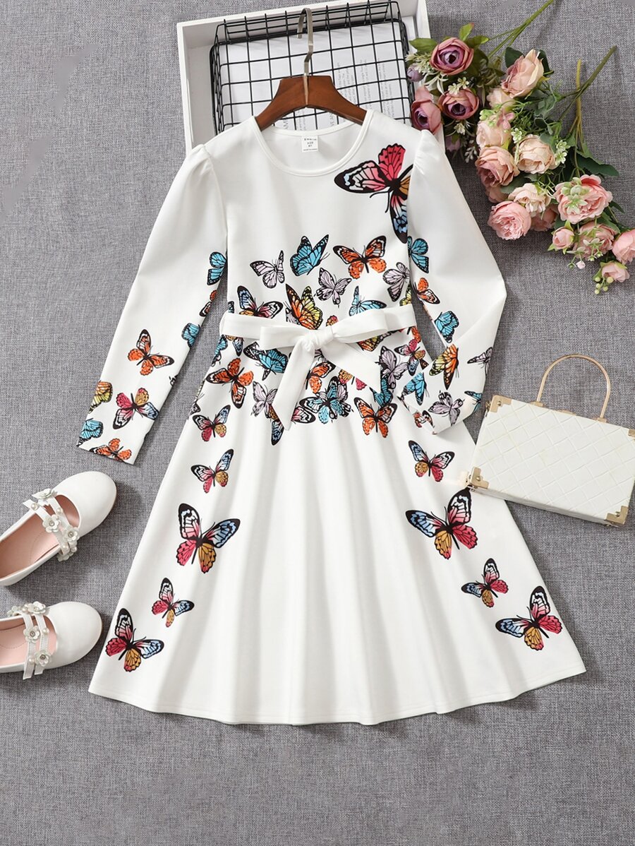 SHEIN Girls Butterfly Print Belted Dress - White - View 1