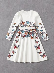 SHEIN Girls Butterfly Print Belted Dress - White - View 2