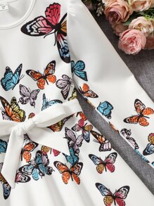 SHEIN Girls Butterfly Print Belted Dress - White - View 4