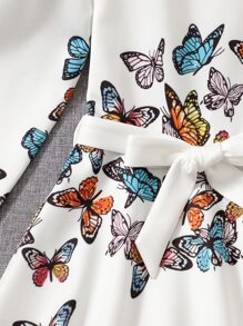 SHEIN Girls Butterfly Print Belted Dress - White - View 5