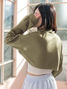 DAZY 1pc Zip Up Drop Shoulder Super Crop Sweatshirt - Green - View 2