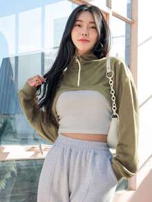 DAZY 1pc Zip Up Drop Shoulder Super Crop Sweatshirt - Green - View 3