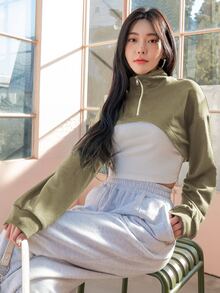DAZY 1pc Zip Up Drop Shoulder Super Crop Sweatshirt - Green - View 4