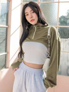 DAZY 1pc Zip Up Drop Shoulder Super Crop Sweatshirt - Green - View 5