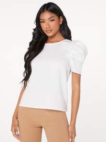 SHEIN Clasi Pleated Puff Sleeve Keyhole Back Top - White - View 2