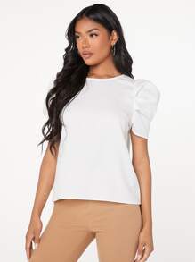 SHEIN Clasi Pleated Puff Sleeve Keyhole Back Top - White - View 4