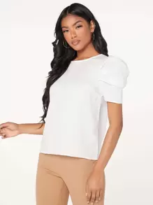 SHEIN Clasi Pleated Puff Sleeve Keyhole Back Top - White - View 5