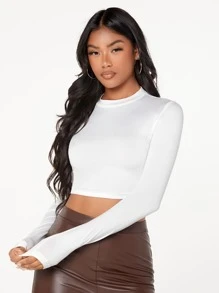 SHEIN Essnce Form-Fitting Mock Neck Crop Top - White - View 6