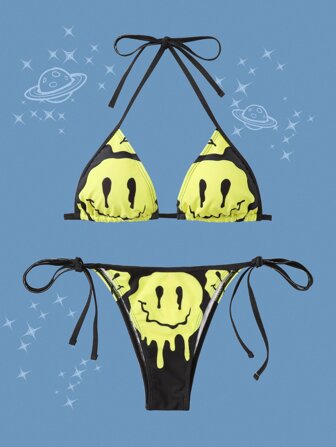 Street Life Ensemble bikini d'été de plage à côtés noués avec un dessin animé de visage graphique en forme de triangle