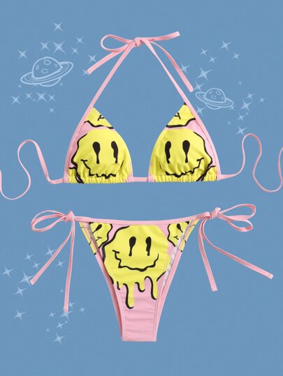 Street Life Cartoon Face Graphic Triangle Tie Side Summer Beach Bikini Set